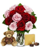 Flowers - One Dozen Red & Pink Roses with Godiva and a Bear (Free Vase Included)