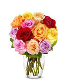Flowers - One Dozen Rainbow Roses (Free Vase Included)