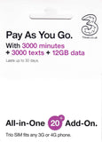PrePaid Europe (UK THREE) sim card 12GB data+3000 minutes+3000 texts for 30 days