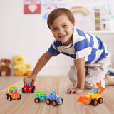 Coogam 4 Pack Friction Powered Cars Construction Vehicles Toy Set Cartoon Push and Go Car Tractor, Cement Mixer Truck, Dumper for 1 2 3 Year Old