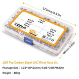 VIGRUE 150pcs #8-32#10-24 1/4"-20 5/16"-18 3/8"-16 Carbon Steel UNC Rivet Nuts Rivnut Assortment Kit, Flat Head Threaded Insert Nutserts Assort