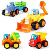 Coogam 4 Pack Friction Powered Cars Construction Vehicles Toy Set Cartoon Push and Go Car Tractor, Cement Mixer Truck, Dumper for 1 2 3 Year Old