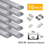 hunhun 10-Pack 3.3ft/1Meter U Shape LED Aluminum Channel System With milky Cover, End Caps and Mounting Clips, Aluminum Profile for LED