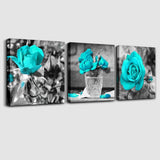 Simple Life Black and white rose flowers Blue Canvas Wall Art Decor 12" x 12" 3 Pieces Framed