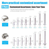 Self Tapping Screws Assortment Set, M3/M4/M5/M6 304 Stainless Steel Sheet Metal Screws Kit,Assortment 570pcs (285pcs Round Head and 285pcs Flat Head)
