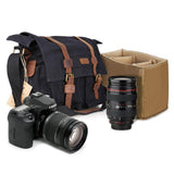Kattee Leather Canvas Camera Bag Vintage DSLR SLR Messenger Shoulder Bag Black