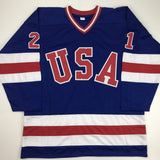 Autographed/Signed Mike Eruzione Blue Team USA Miracle On Ice 1980 Hockey Jersey