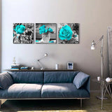 Simple Life Black and white rose flowers Blue Canvas Wall Art Decor 12" x 12" 3 Pieces Framed