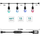Outdoor String Lights Color Changing, 48ft Premium Impact Resistant Lifetime 15 Bulbs