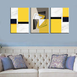 Canvas Wall Art Geometric Abstract Artwork - 12" x 16" x 3 Panels Black Yellow White Canvas Painting