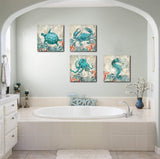 Beach Coastal Wall Art Decor for Bathroom Canvas Print Picture - 4 Panel Framed