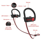 LETSCOM Bluetooth Headphones IPX7 Waterproof, Wireless Sport Earphones, HiFi Bass Stereo Sweatproof Earbuds w/Mic, Noise Cancelling Headset Redblack