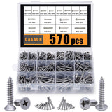Self Tapping Screws Assortment Set, M3/M4/M5/M6 304 Stainless Steel Sheet Metal Screws Kit,Assortment 570pcs (285pcs Round Head and 285pcs Flat Head)