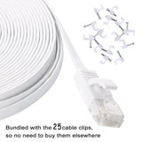 Cat 6 Ethernet Cable 100 ft Flat White, Slim Long Internet Network Lan patch cords, Solid Cat6 High Speed Computer wire with clips