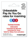 European (UK Three) Holiday SIM/Roaming SIM inc 10GB Data, Unlimited European Minutes