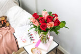 Flowers - One Dozen Red & Pink Roses with Godiva and a Bear (Free Vase Included)
