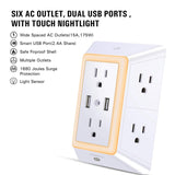 USB Wall Charger, Surge Protector, POWRUI 6-Outlet Extender with 2 USB Charging Ports (2.4A Total) and Night Light, 3-Sided Power Strip