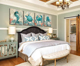 Beach Coastal Wall Art Decor for Bathroom Canvas Print Picture - 4 Panel Framed