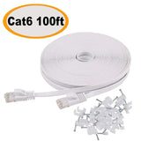 Cat 6 Ethernet Cable 100 ft Flat White, Slim Long Internet Network Lan patch cords, Solid Cat6 High Speed Computer wire with clips