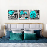 Simple Life Black and white rose flowers Blue Canvas Wall Art Decor 12" x 12" 3 Pieces Framed