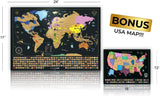 Scratch Off Map of The World + Premium Scratch Off USA Map, Accessories and Gift Packaging