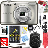 Nikon COOLPIX A10 16.1MP 5x Optical Zoom NIKKOR Glass Lens Digital Camera (Silver) + 32GB SDHC High Speed Memory Card+ AA Spare Batteries
