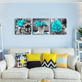 Simple Life Black and white rose flowers Blue Canvas Wall Art Decor 12" x 12" 3 Pieces Framed