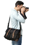 Kattee Leather Canvas Camera Bag Vintage DSLR SLR Messenger Shoulder Bag Black