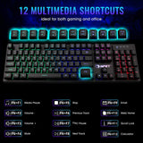 NPET K10 Gaming Keyboard USB Wired Floating Keyboard, Quiet Ergonomic Water-Resistant Mechanical Feeling Keyboard, Ultra-Slim Rainbow LED Backlit