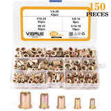 VIGRUE 150pcs #8-32#10-24 1/4"-20 5/16"-18 3/8"-16 Carbon Steel UNC Rivet Nuts Rivnut Assortment Kit, Flat Head Threaded Insert Nutserts Assort