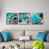 Simple Life Black and white rose flowers Blue Canvas Wall Art Decor 12" x 12" 3 Pieces Framed