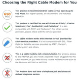 MOTOROLA 24x8 Cable Modem, Model MB7621, DOCSIS 3.0. Approved by Comcast Xfinity, Cox, Charter Spectrum