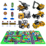 Construction Vehicles Toys with Play Mat, 6 Construction Cars, 6 Road Signs and 15.5" x 23.5" Playmat, Mini Diecast Cars Play Sets, Toy Trucks