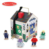 Melissa & Doug Take-Along Wooden Doorbell Dollhouse (Doorbell Sounds, Keys, 4 Poseable Wooden Dolls, 9" H x 6.8" W x 6.8" L)