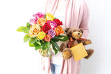 Flowers - One Dozen Rainbow Roses with Godiva & Bear (Free Vase Included)