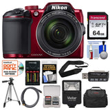 Nikon Coolpix B500 Wi-Fi Digital Camera (Red) with 64GB Card + Case + Flash + Batteries & Charger + Tripod + Strap + Kit