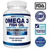 Omega 3 Fish Oil 2250mg - High EPA 1200MG + DHA 900MG Triple Strength Burpless Capsules - Arazo Nutrition (120 Count)