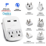 World Travel Adapter Kit by Ceptics - QC 3.0 2 USB + 2 US Outlets, Surge Protection, Plugs for Europe, UK, China, Australia, Japan