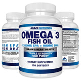 Omega 3 Fish Oil 2250mg - High EPA 1200MG + DHA 900MG Triple Strength Burpless Capsules - Arazo Nutrition (120 Count)