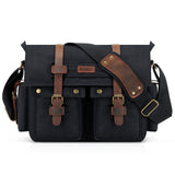 Kattee Leather Canvas Camera Bag Vintage DSLR SLR Messenger Shoulder Bag Black