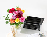 Flowers - One Dozen Rainbow Roses (Free Vase Included)