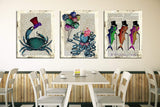 Ocean Animal Theme Bathroom Wall Decor Canvas Prints Sea Life Teal Mr Crab Hat Salute-Dreamy Whale