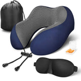 MLVOC Travel Pillow 100% Pure Memory Foam Neck Pillow, Comfortable & Breathable Cover - Machine Washable, Airplane Travel Kit with 3D Sleep Mask Blue