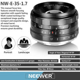 Neewer 35mm F/1.7 Large Aperture Manual Prime Fixed Lens APS-C for Sony E-Mount Digital Mirrorless Cameras A7III,A9,NEX 3,3N,5,NEX 5T,NEX 5R
