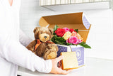 Flowers - One Dozen Rainbow Roses with Godiva & Bear (Free Vase Included)