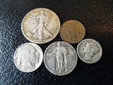 Old U.S. Silver Coins 5 Coin Collection Set - Indian Head Cent, Buffalo Nickel, Mercury Dime, Standing Liberty Quarter