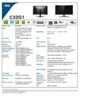AOC C32G1 32" Curved Frameless Gaming Monitor, FHD 1920x1080, VA Panel, 1ms MPRT, 144Hz, FreeSync, DisplayPort/HDMI/VGA, VESA