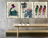 Ocean Animal Theme Bathroom Wall Decor Canvas Prints Sea Life Teal Mr Crab Hat Salute-Dreamy Whale