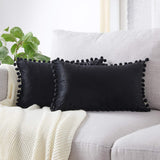 Decorative Throw Pillow Covers with Pom Poms Soft Particles Velvet, Pack of 2, Black