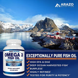 Omega 3 Fish Oil 2250mg - High EPA 1200MG + DHA 900MG Triple Strength Burpless Capsules - Arazo Nutrition (120 Count)